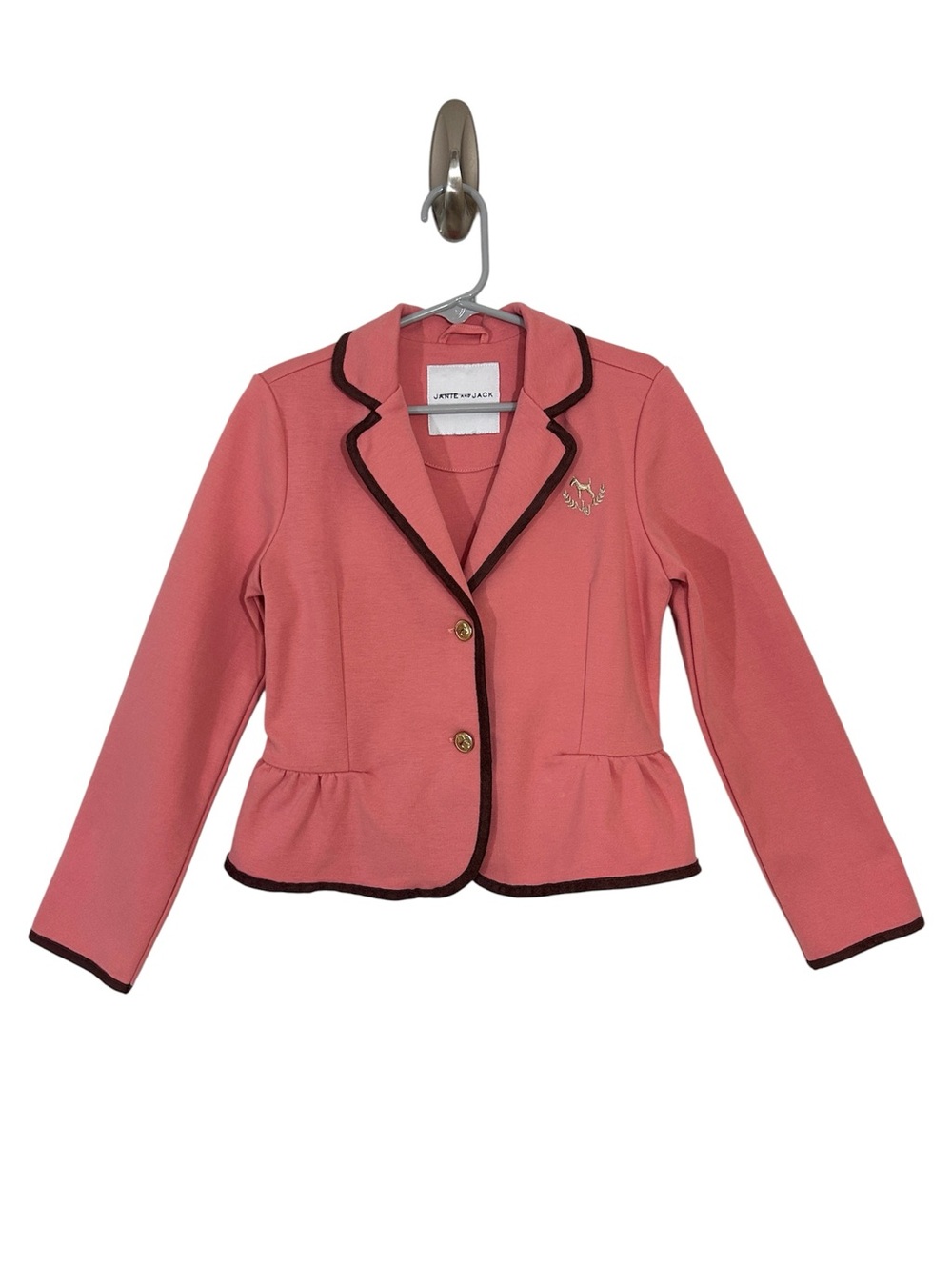 Janie And Jack Pink Equestrian Blazer With Brown Trim And Peplum Hem